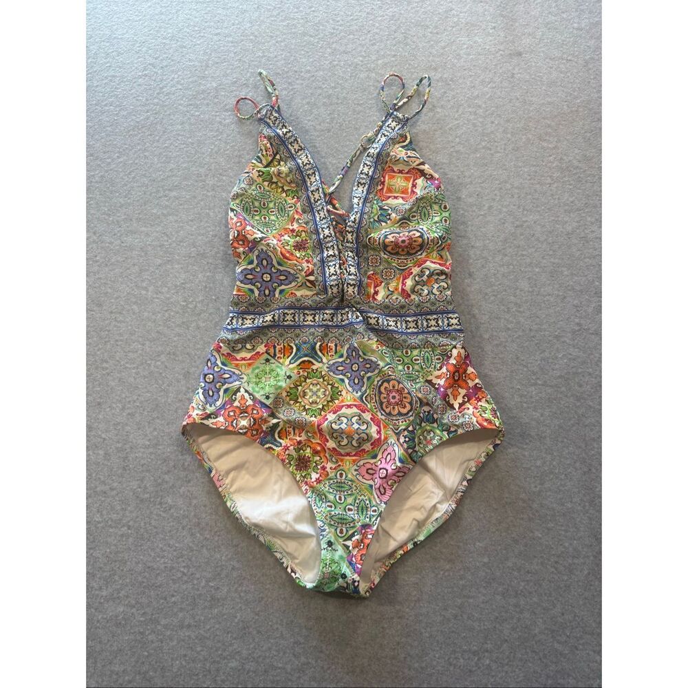 Nanette Lepore Montecito one-piece swimsuit colorful geometric print and lace-up